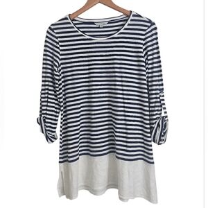 John Mark Navy White Nautical Stripe Cotton Linen Blend Longline Tunic Top, Sz S